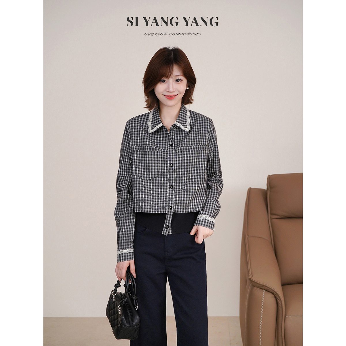 斯洋洋SIYANG平纹翻领通勤格纹刺绣减龄上衣SY509B059SYY