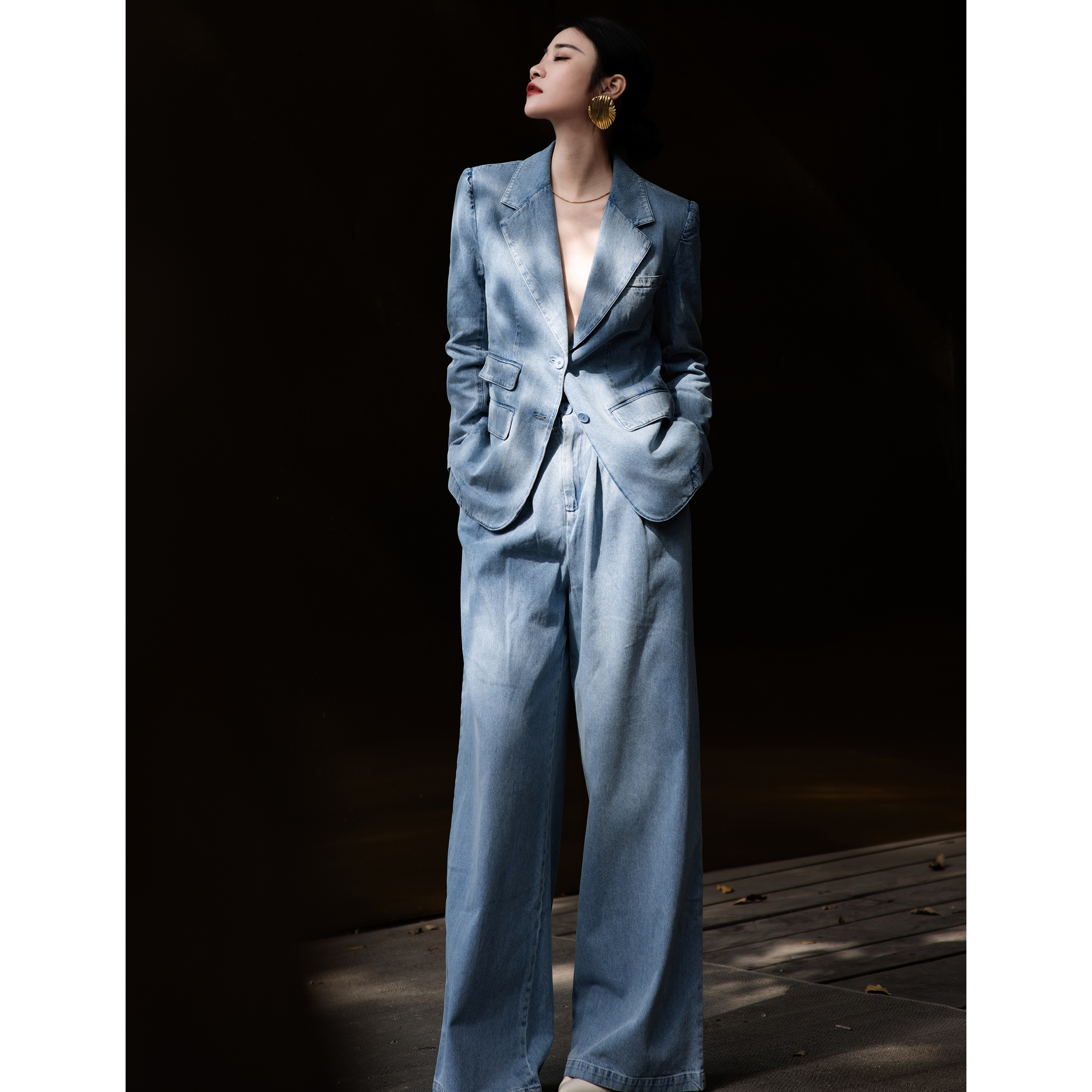 ZEROYK翎蔻 南油原创设计 水洗牛仔长裤牛仔上衣套装气质两件套