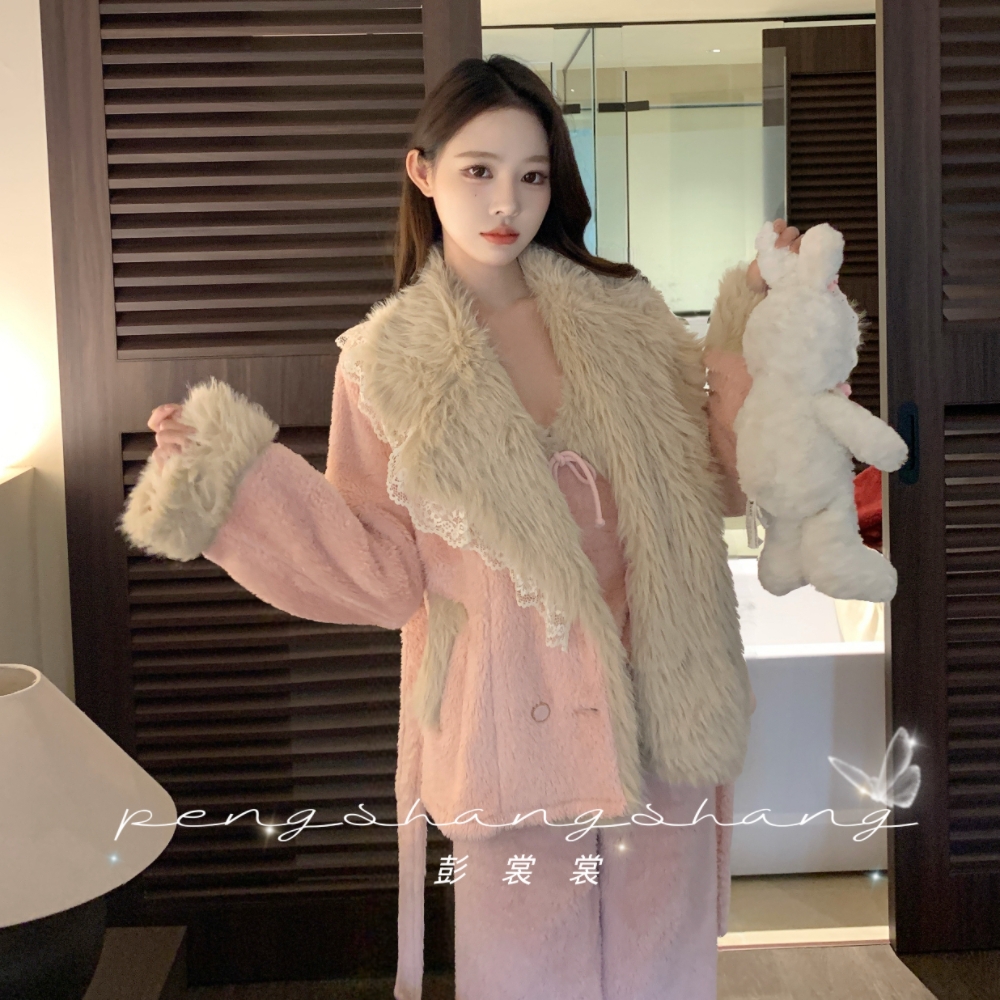 彭裳裳【蜜桃奶芙】女士秋冬时尚宽松加厚加绒保暖居家睡衣套装