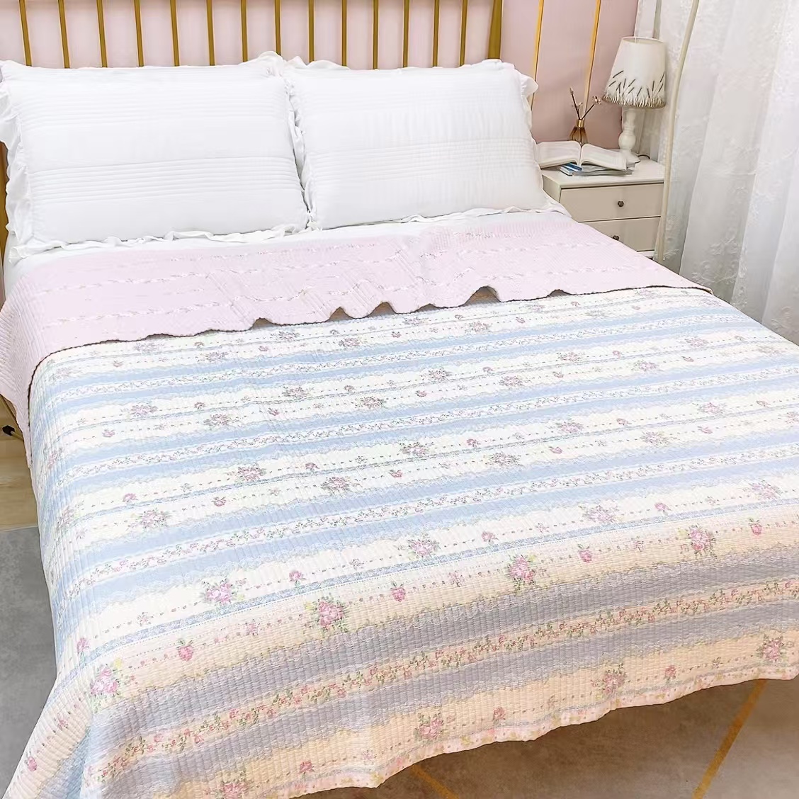 韩式纯棉床盖 纱洗工艺 整张绗缝四季通用纯棉夹棉正反面料