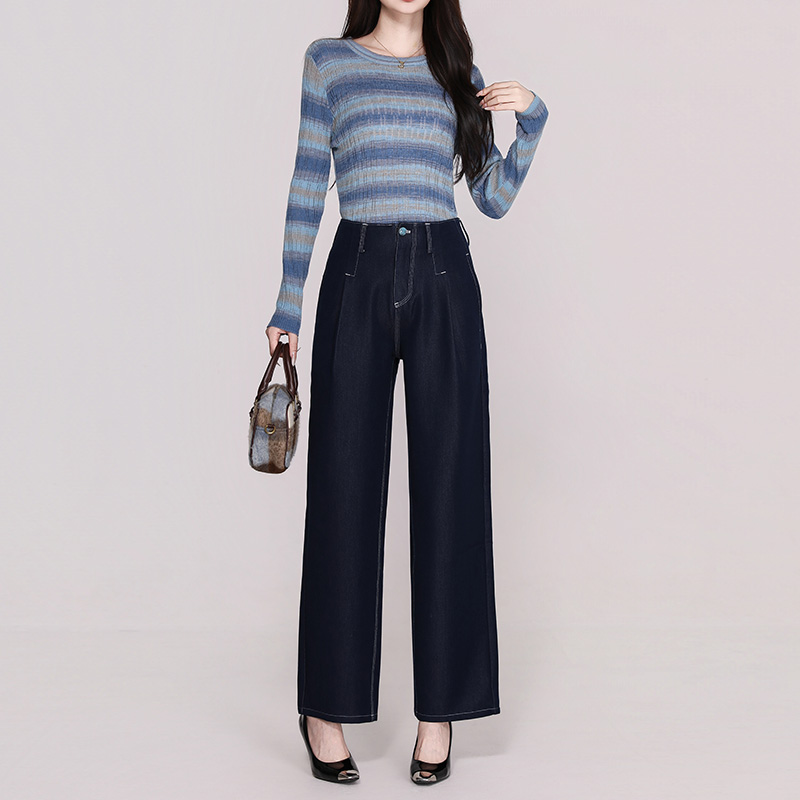 【韶华】早秋新款复古时髦丝巾系带宽松直筒垂感显瘦牛仔裤女-61135