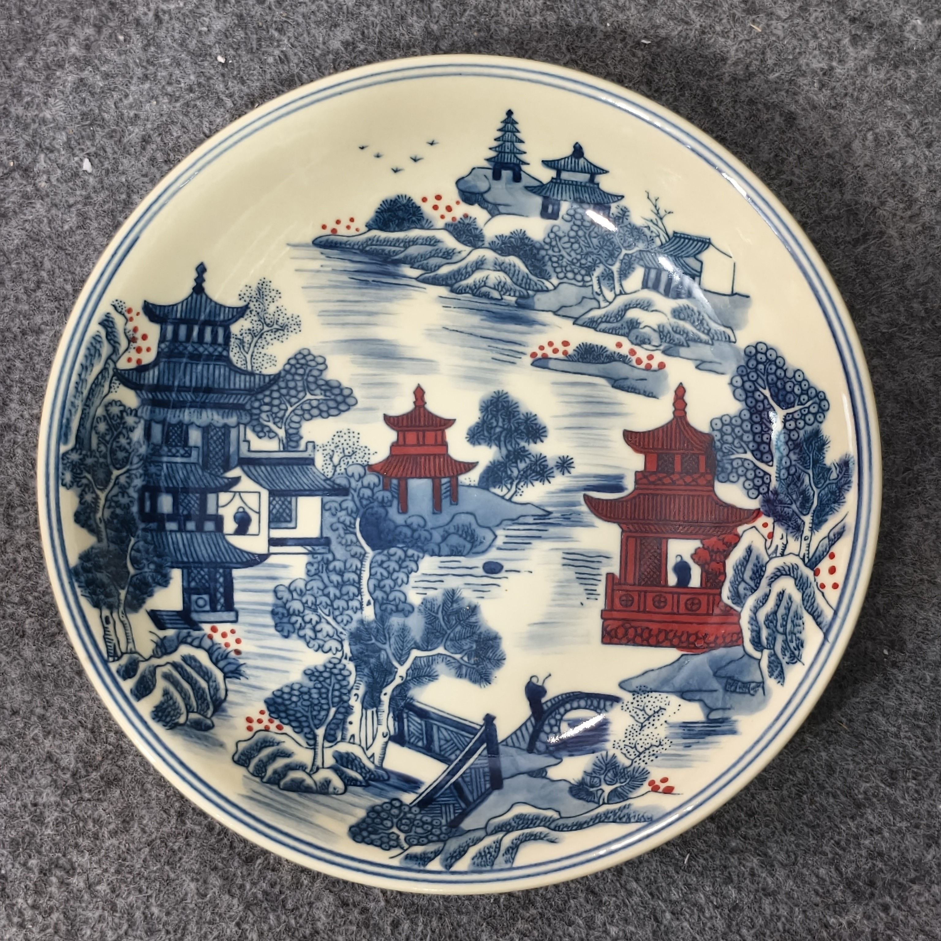 黄稀土手绘青花斗彩楼台亭阁赏盘景德镇陶瓷柴窑暗雕泡茶盘