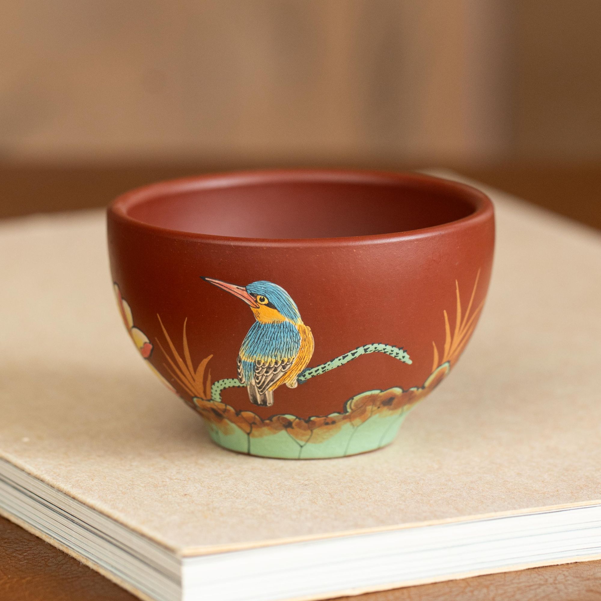 925原矿紫砂茶具大红袍堆绘荷花鸟主人杯FSY130cc左右