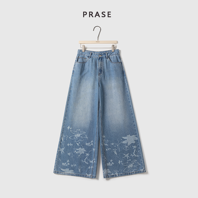 PRASE·噜【花影】微胖轻奢设计款夏天丝时尚休闲印花牛仔裤PR505C55