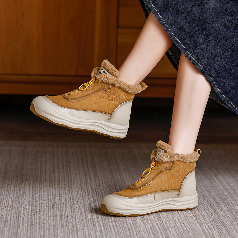 2025冬季新款复古雪地靴头层牛皮厚底前拉链加绒加厚平底靴