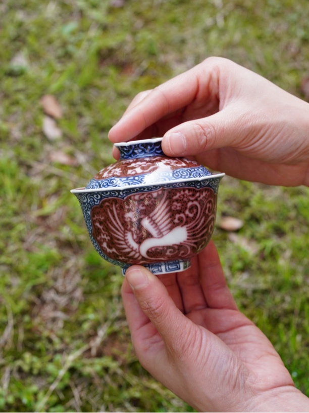 畅怀堂元和珍藏青花釉里红太阳鸟盖碗
