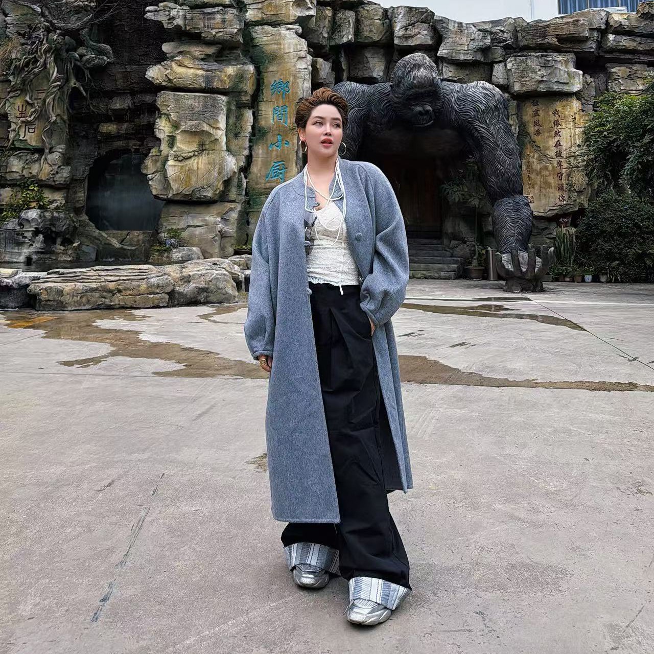 灯笼袖中长款双面宽松慵懒圆领女士大衣