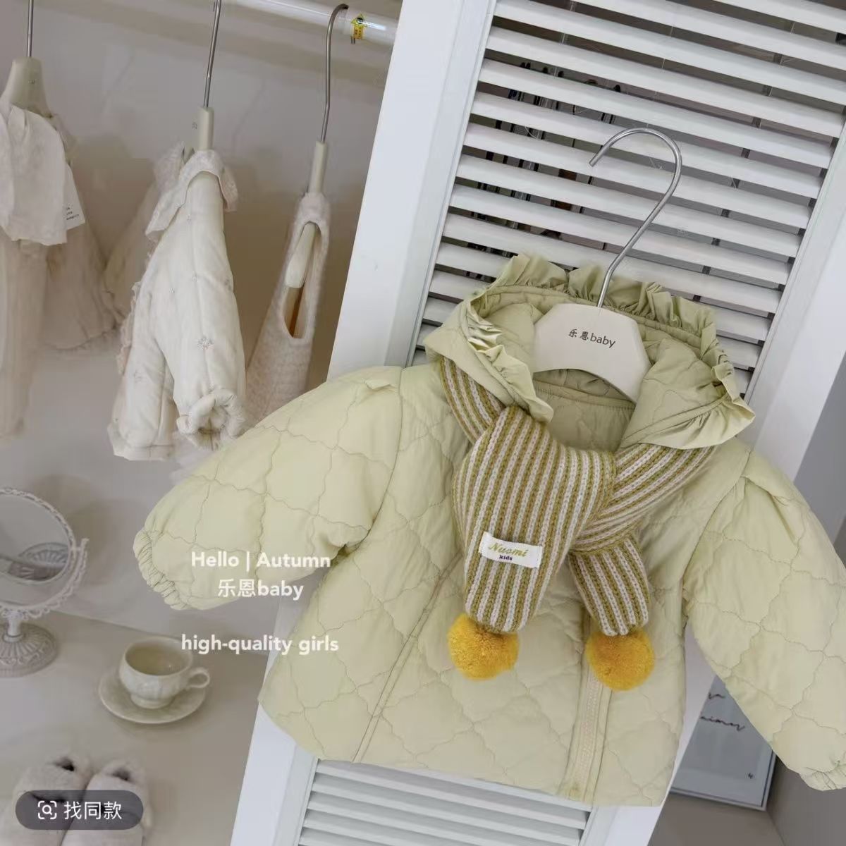 女厚款冬季格子卡通秋冬保暖套装拉链绿色女童精灵帽棉服【送围脖】