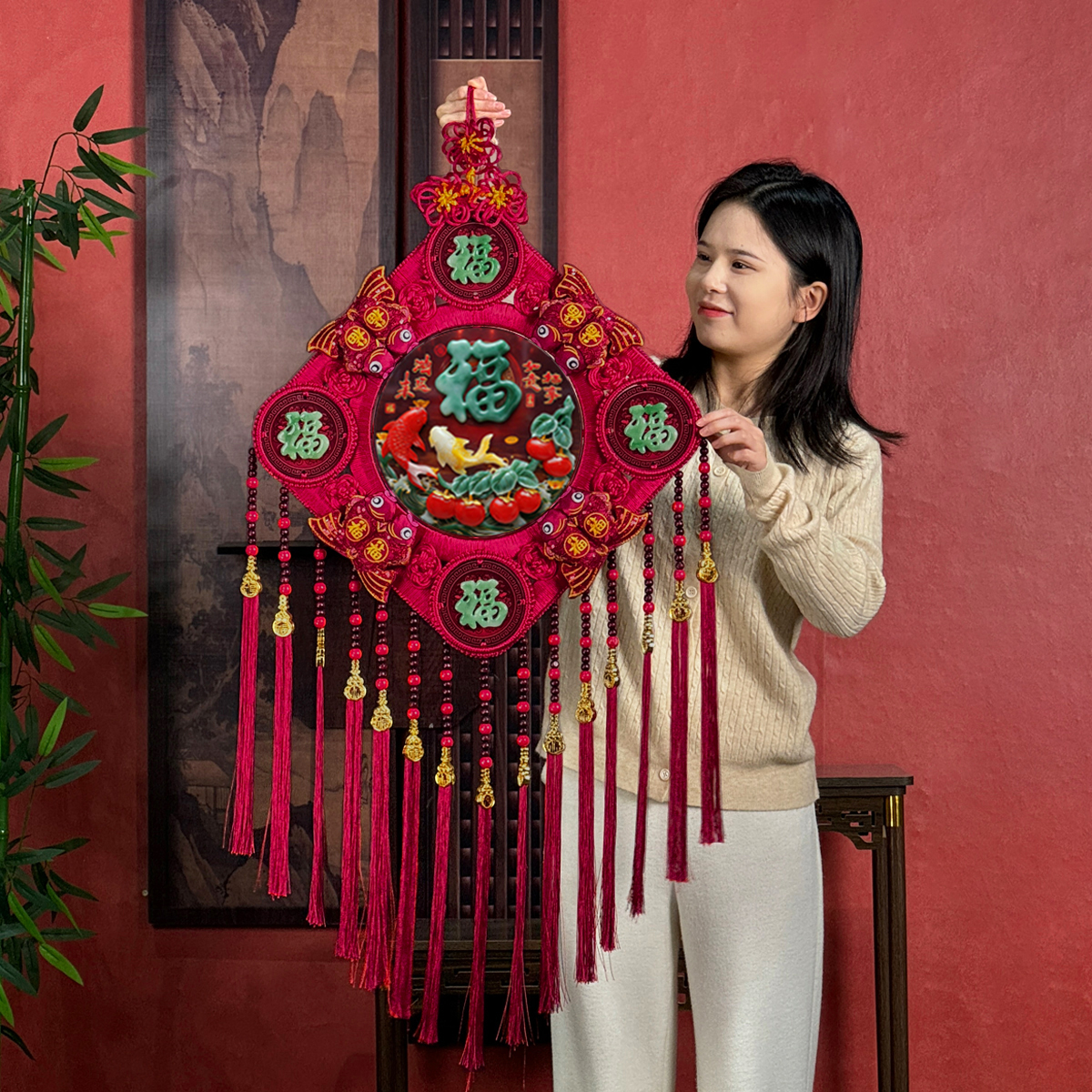 故宫红F【柿柿如意】中国结挂件客厅玄关新年装饰福字背景 M39F-5Y