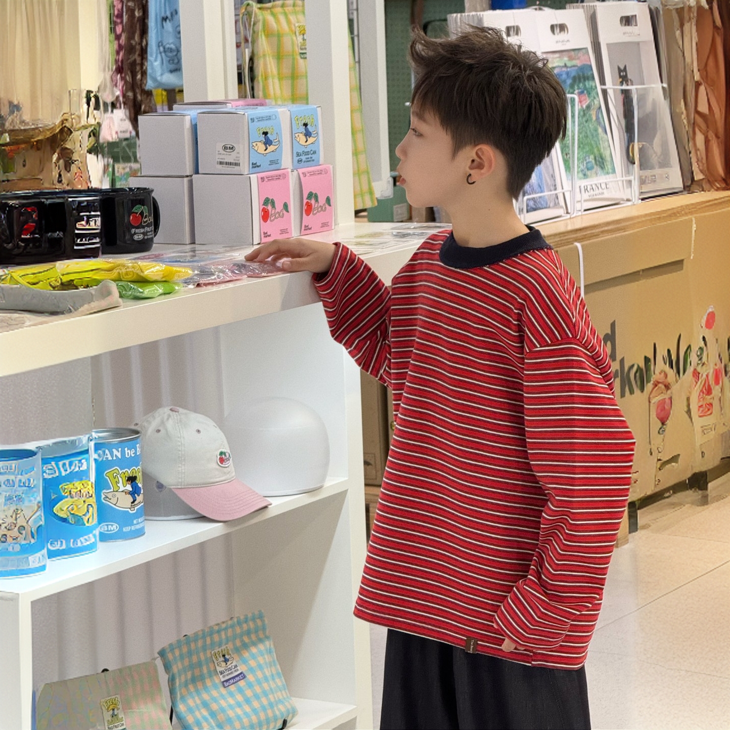 现货 CHU YAO 【乐高少年】秋款条纹打底韩版宽松针织圆领25012