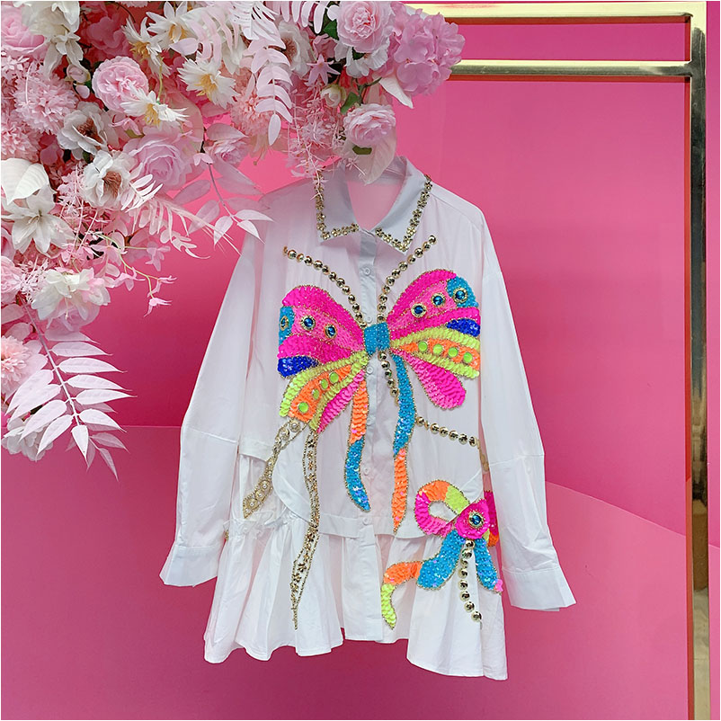 QD1817欧美设计师2025冬季新款重工钉钻刺绣亮片蝴蝶不规则衬衫女