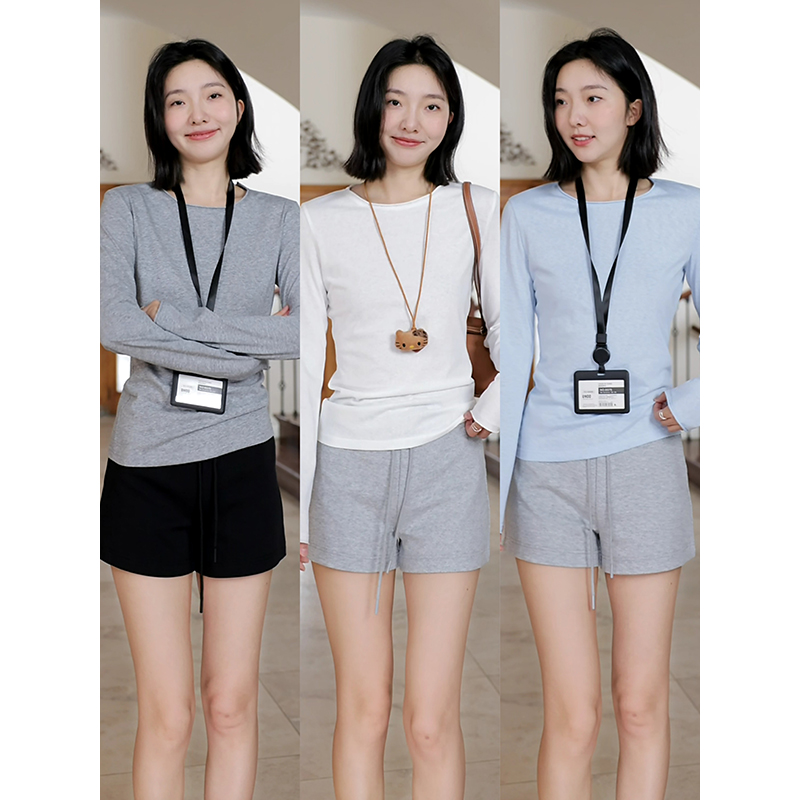 郭九九呢 微薄透竹节棉正肩袖圆领长袖T恤休闲气质短裤G925Y01086