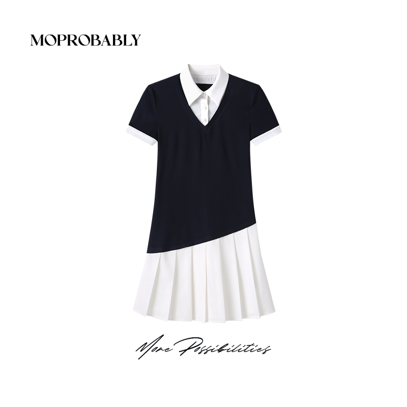 Moprobably李予诺 时尚个性百搭假两件撞色连衣裙L5152012
