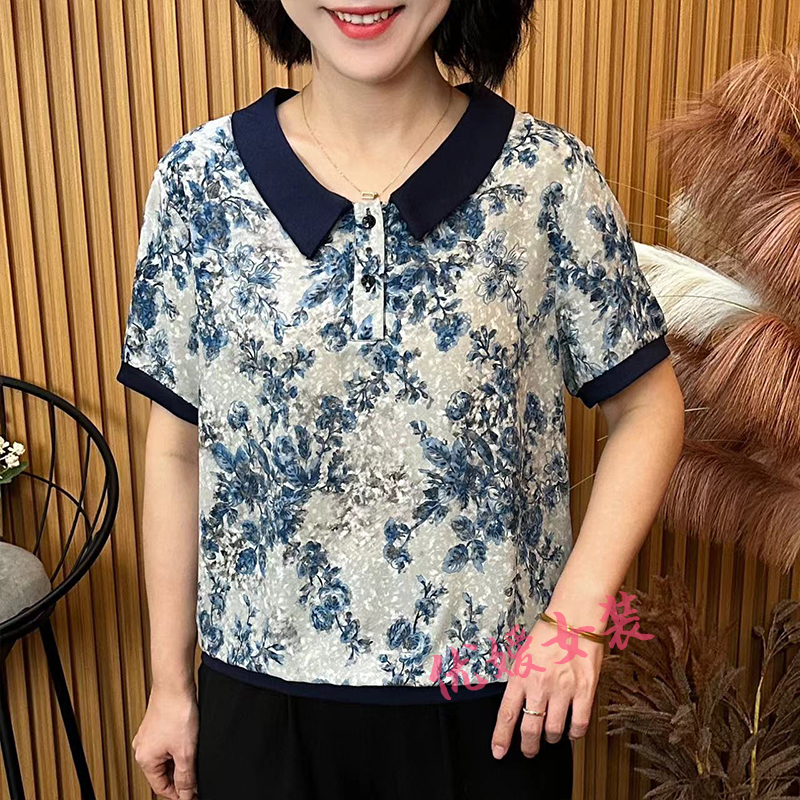 洋气妈妈装夏季新款气质翻领印花休闲宽松显瘦中老年女装短袖上衣