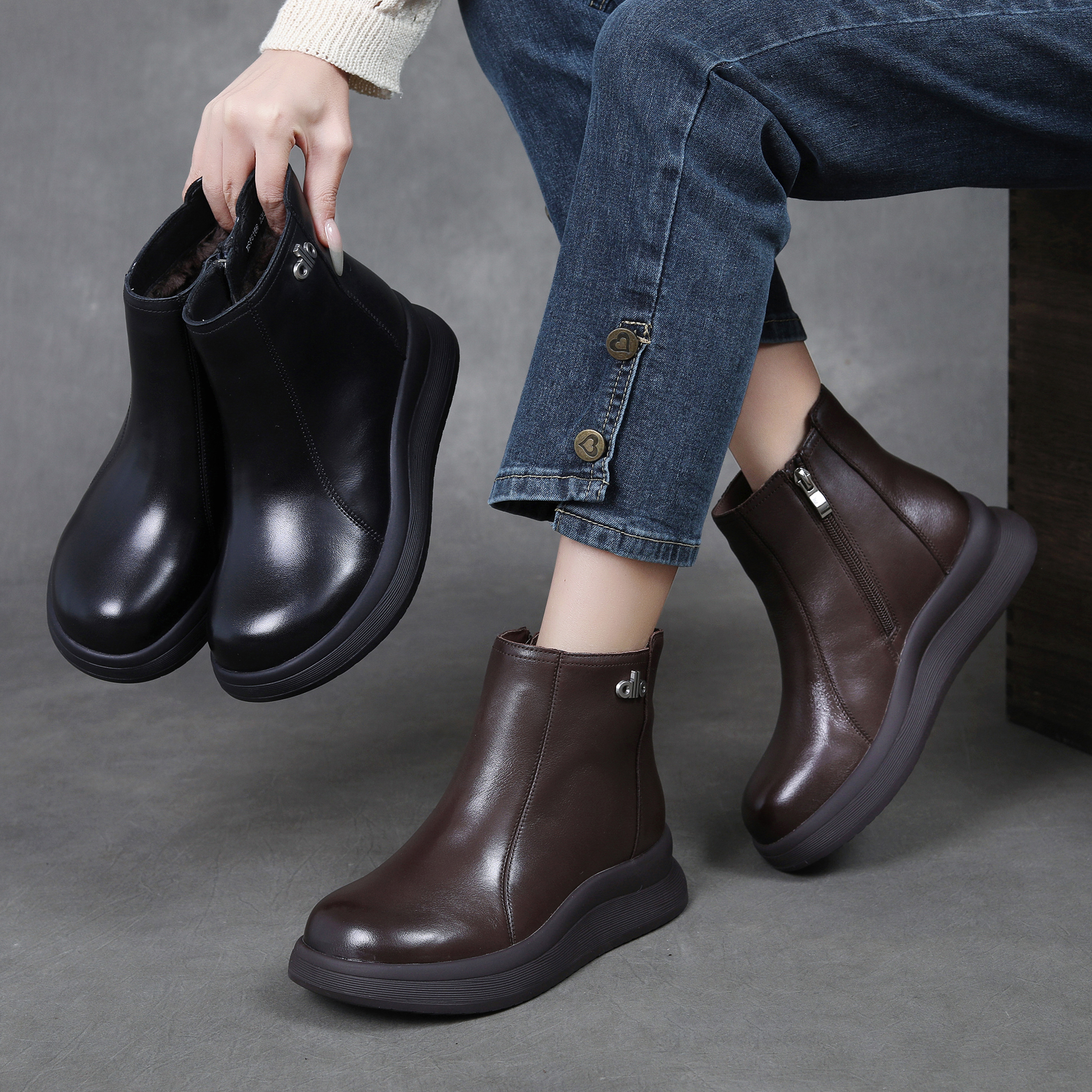 【皮毛一体-头层牛皮-跟高4.5cm】复古加厚保暖雪地靴时尚恩祈女鞋