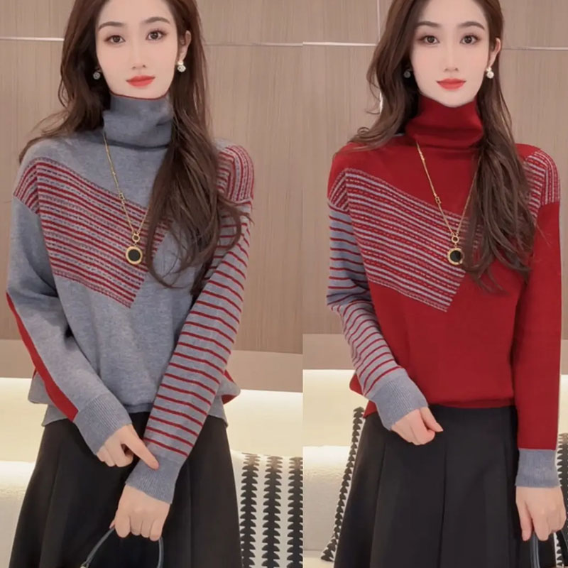 332#【堆堆领两面穿--灰红色】秋冬加厚新款针织上衣女洋气百搭