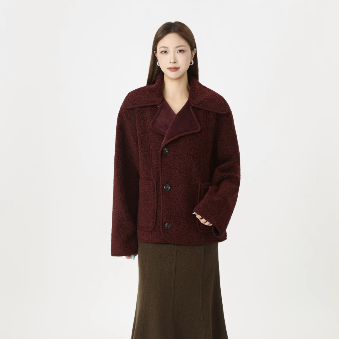 GIRDEAR/哥弟秋冬新款保暖气质时尚百搭翻领纯色女士外套140069