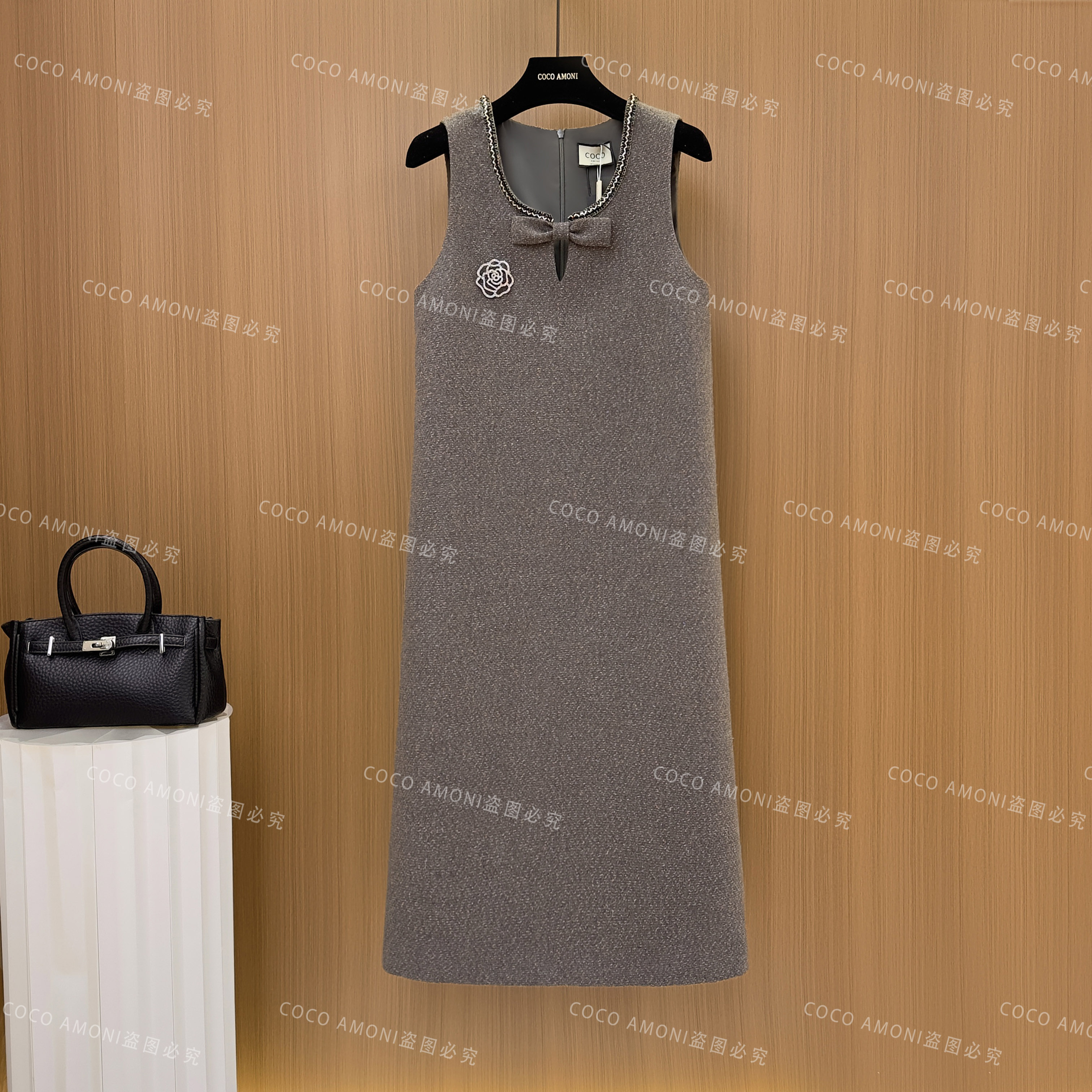 [曼姐]秋冬法式设计女装拼接蝴蝶结收腰显瘦气质连衣裙WXH1045