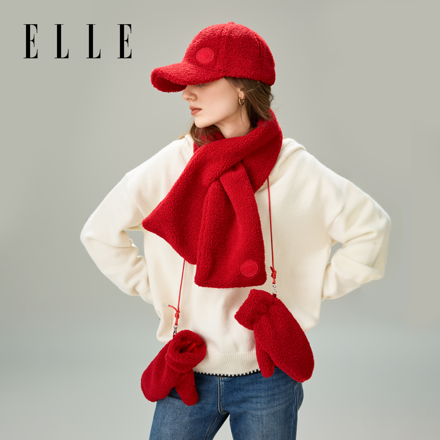 ELLE【主播专属】圈圈毛贴布绣棒球帽围脖手套套组泰迪绒36WE11014+