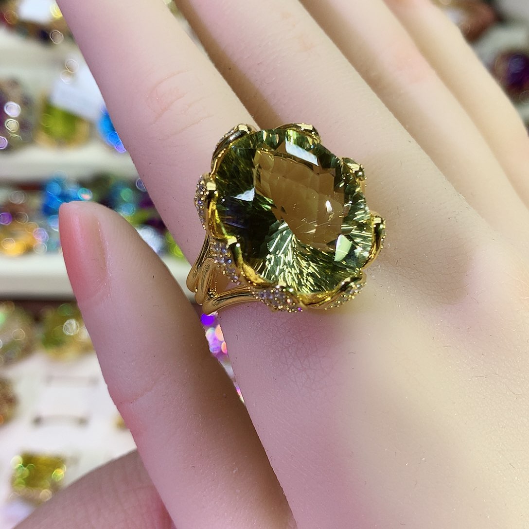 黄晶戒指银S925镀金镶嵌