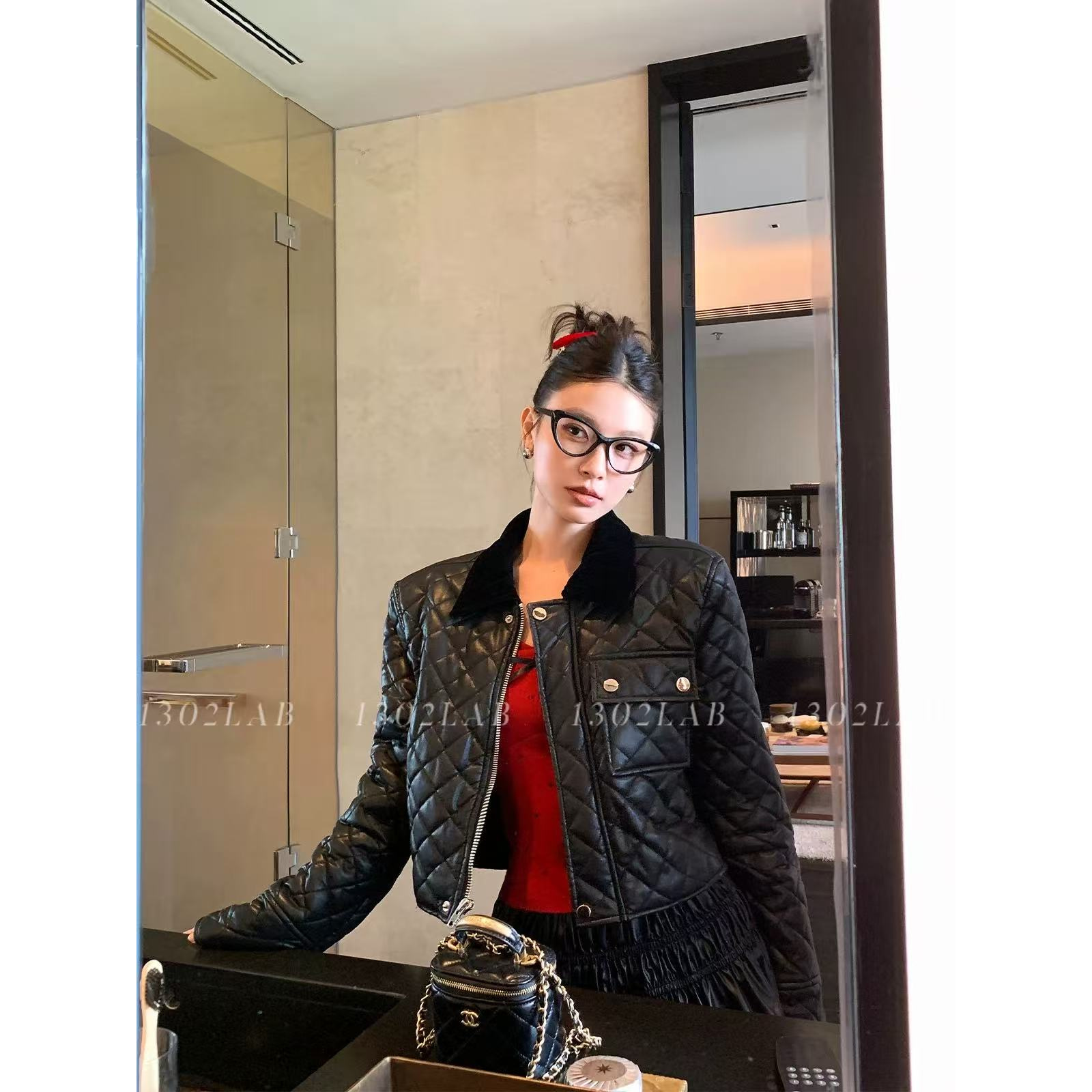 千金感拼接翻领短款高级感皮衣外套秋冬新款上衣潮+半身裙套装