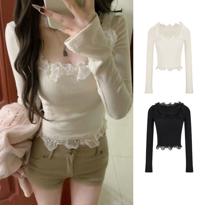 Moses Queen/魔西女王纯欲蕾丝花边方领长袖t恤女春秋内搭打底衫