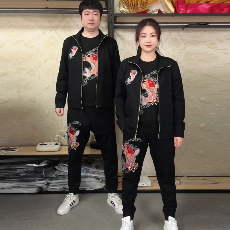 男士秋款刺绣锦鲤时尚休闲套装外套卫衣裤子两件套三件套国潮新款