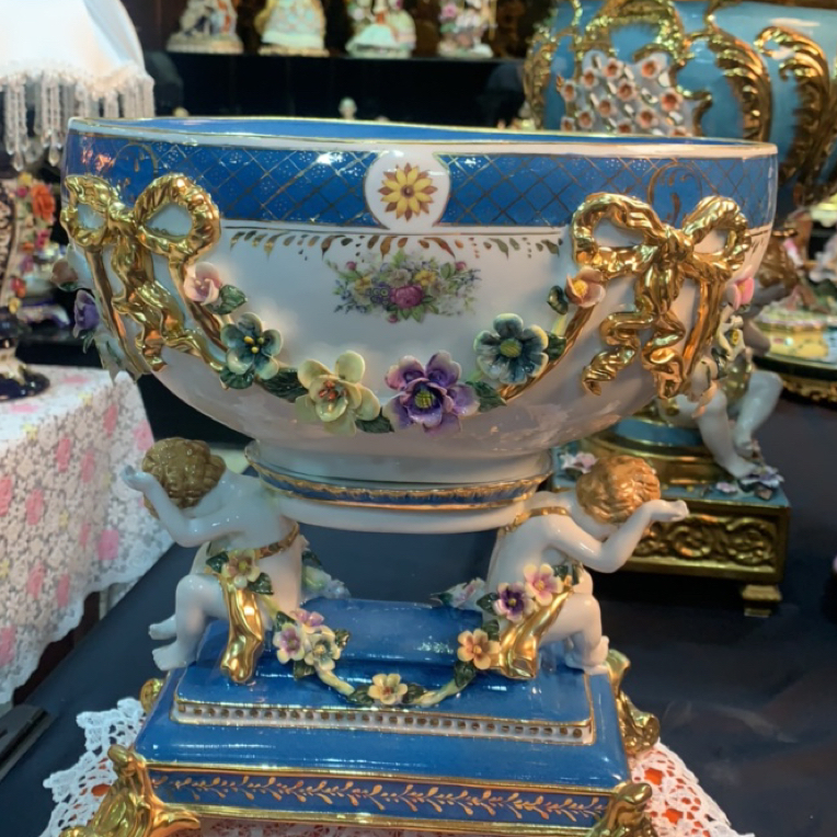 陶瓷摆件 天使果碗花插 手拍色 樱花粉 描金 手绘 浮雕 捏花  