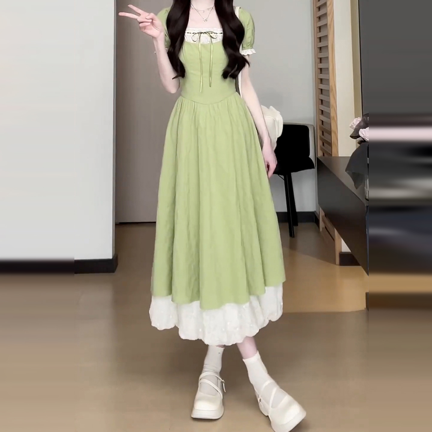 温柔风长裙时尚初恋方领春季法式花朵连衣裙短裙3801