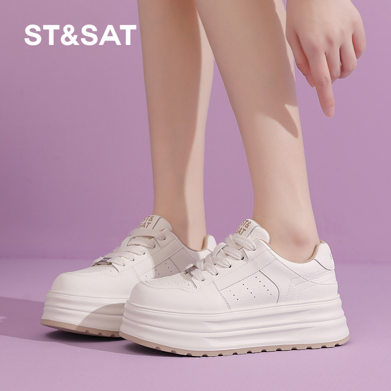 星期六真皮厚底小白鞋女复古板鞋2025春季新款松糕底百搭休闲鞋女
