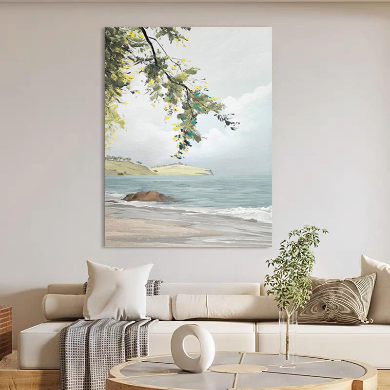 纯手绘油画《微风》海景玄关画现代客厅沙发蓝色风景厚油肌理装饰画