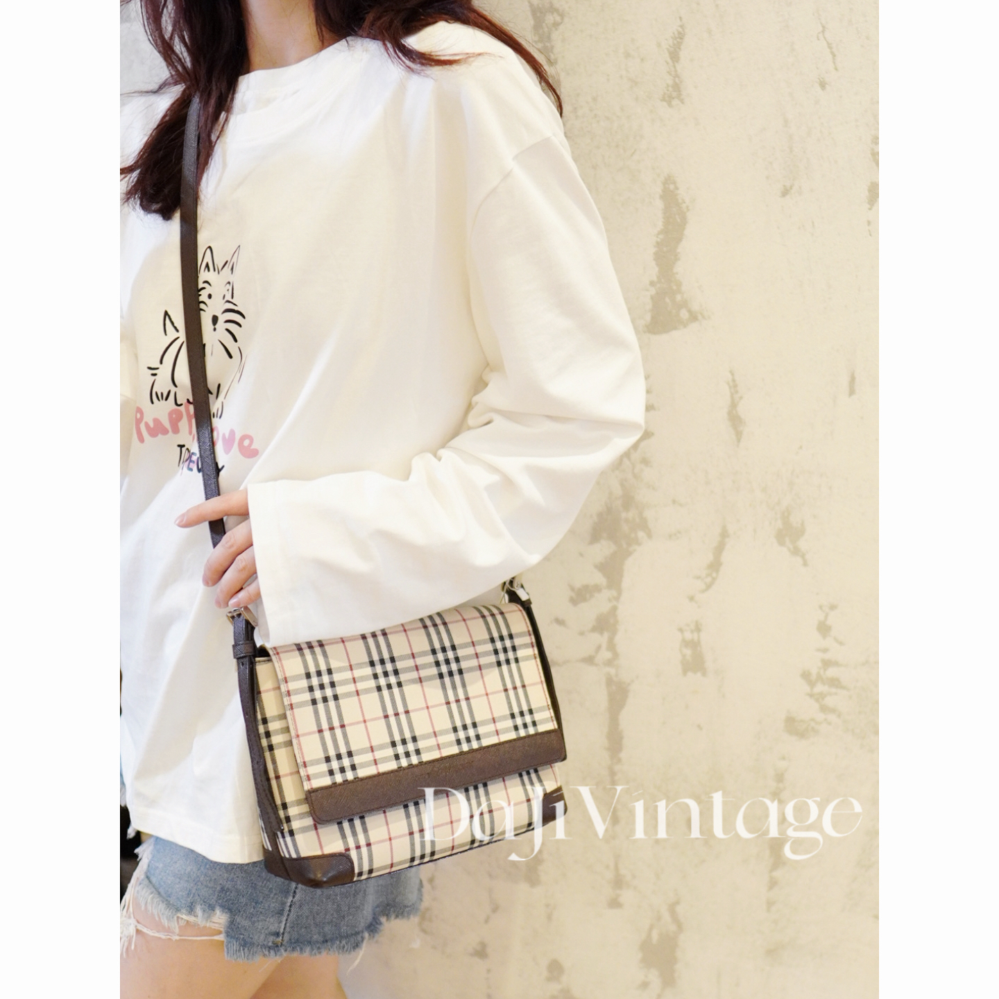 95新 BURBERRY/博柏利 大吉中古/Burberry格纹拼棕翻盖斜挎包