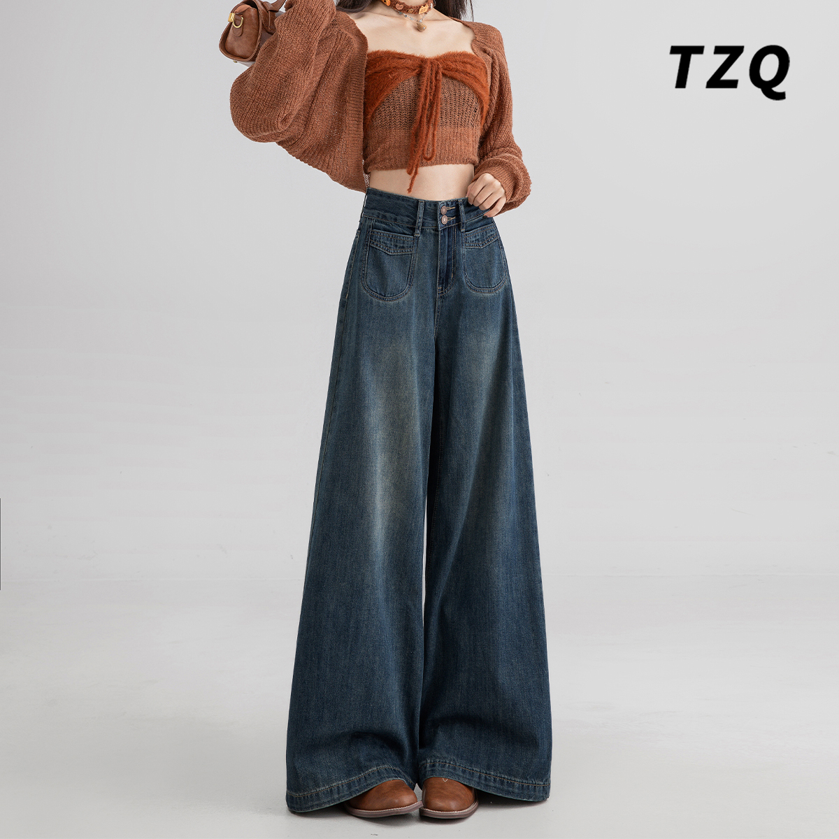 复古深蓝阔腿牛仔裤女款爆款2025新款秋季高腰显瘦宽松拖地直筒裤