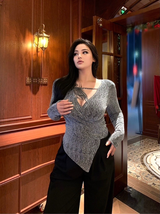 BBWootd大码高级感显瘦亮片洋气名媛风长袖上衣气质女款秋季秋冬