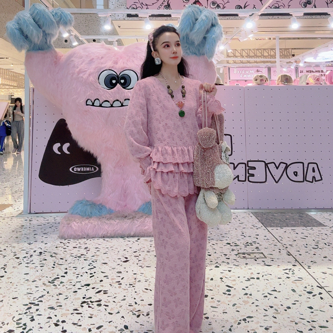 安霓王妃【甜酷欧尼】设计师原创植绒蛋糕裙摆冬款蕾丝阔腿裤套装