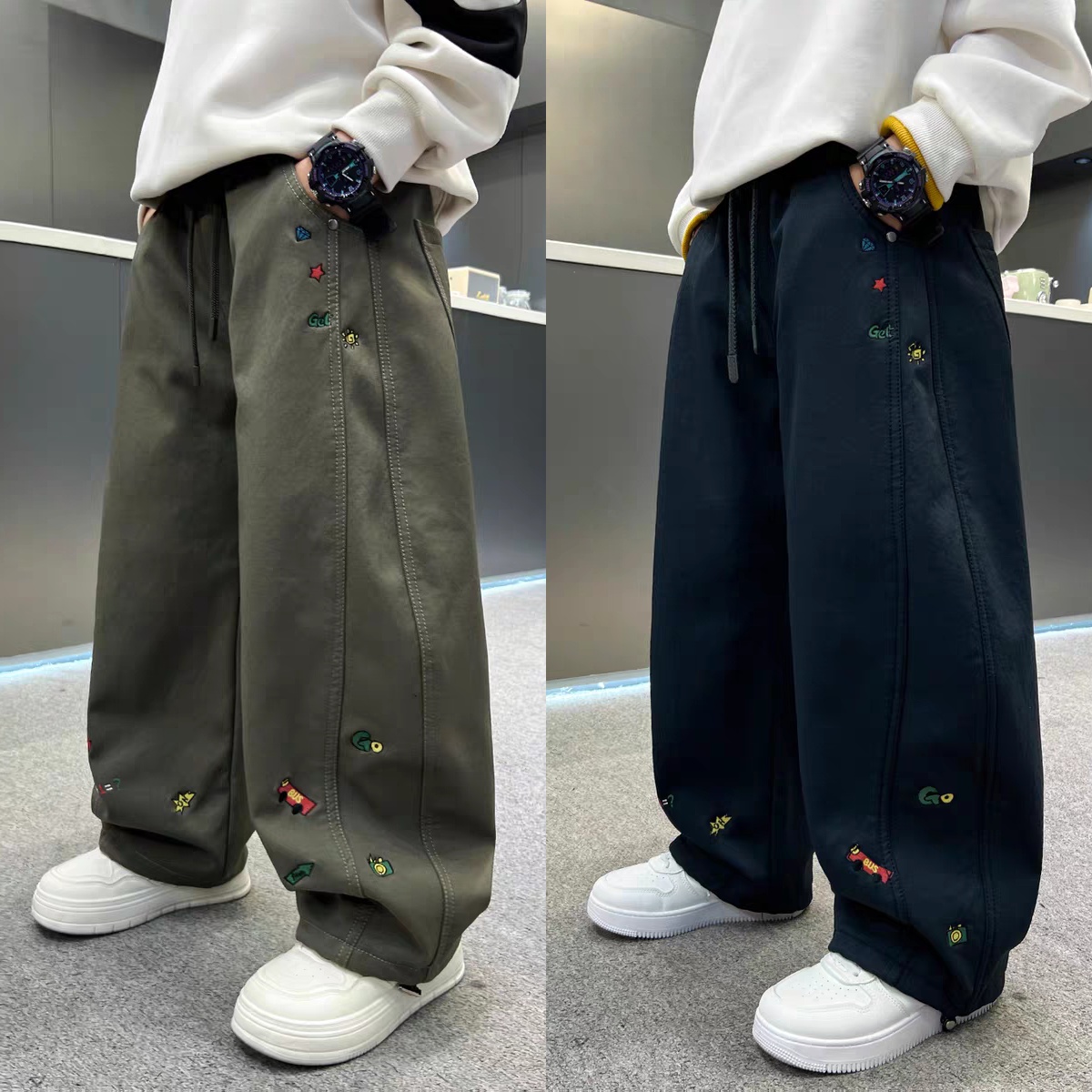 儿童一体绒休闲裤2025冬季新款卡通风刺绣宽松街头风加厚加绒长裤