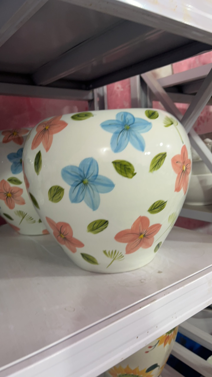 景德镇陶瓷彩色桃花大米缸花瓶