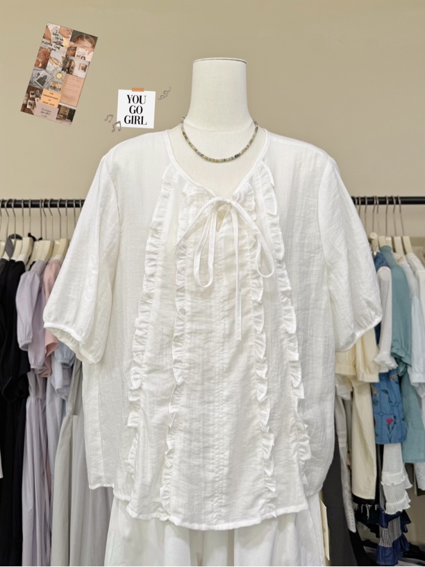 【大版中袖小衫】短袖夏季包袖拼接系带圆领衬衫白色女士小衫休闲