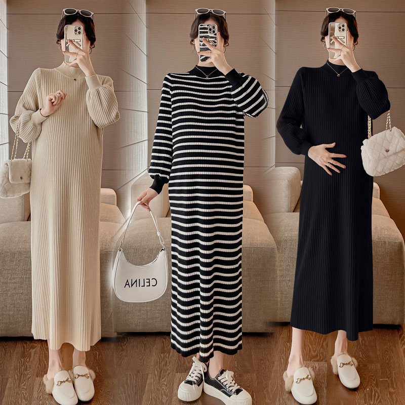 高品质孕妇装秋冬新款纯色显瘦孕妇高领加厚针织毛衣连衣裙