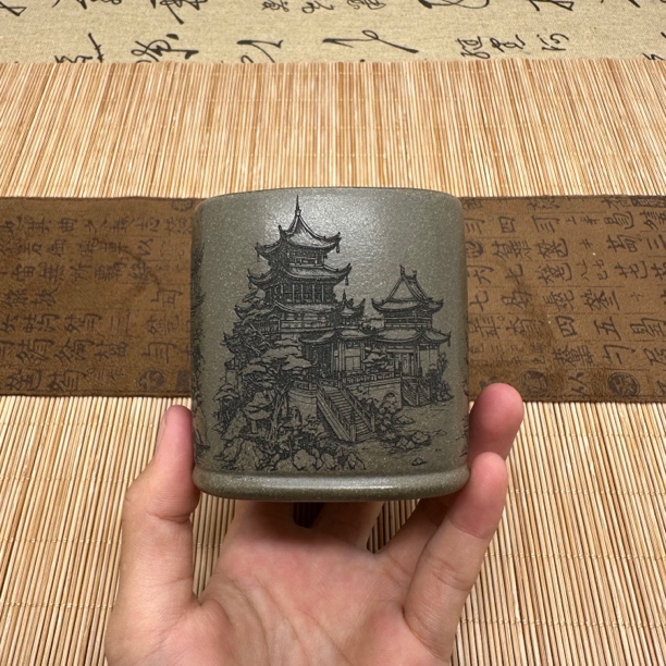 宜兴原矿紫砂杯全手工刻绘四大名楼四方杯紫砂主人杯蟹壳青