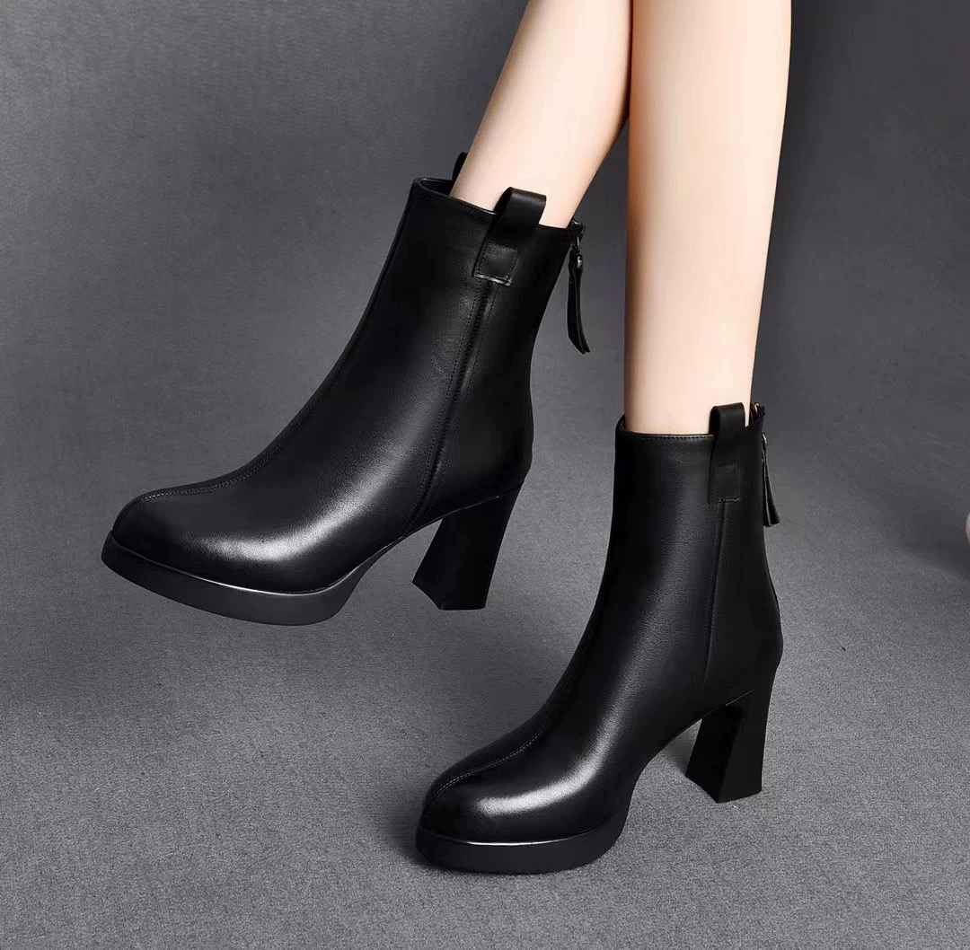 秋冬新款防水台高跟鞋HJ22219时尚百搭粗跟中跟圆头英伦加绒