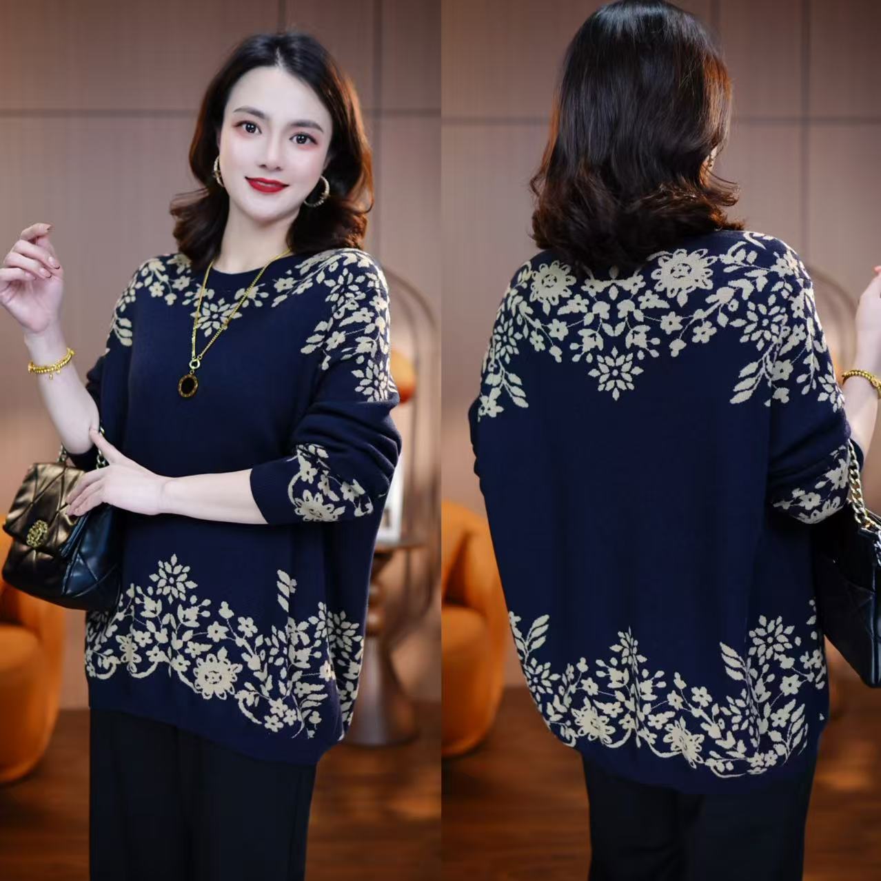 藏青花影A奶奶装大码针织衫毛衣洋气女百搭冬季显瘦保暖宽松圆领 