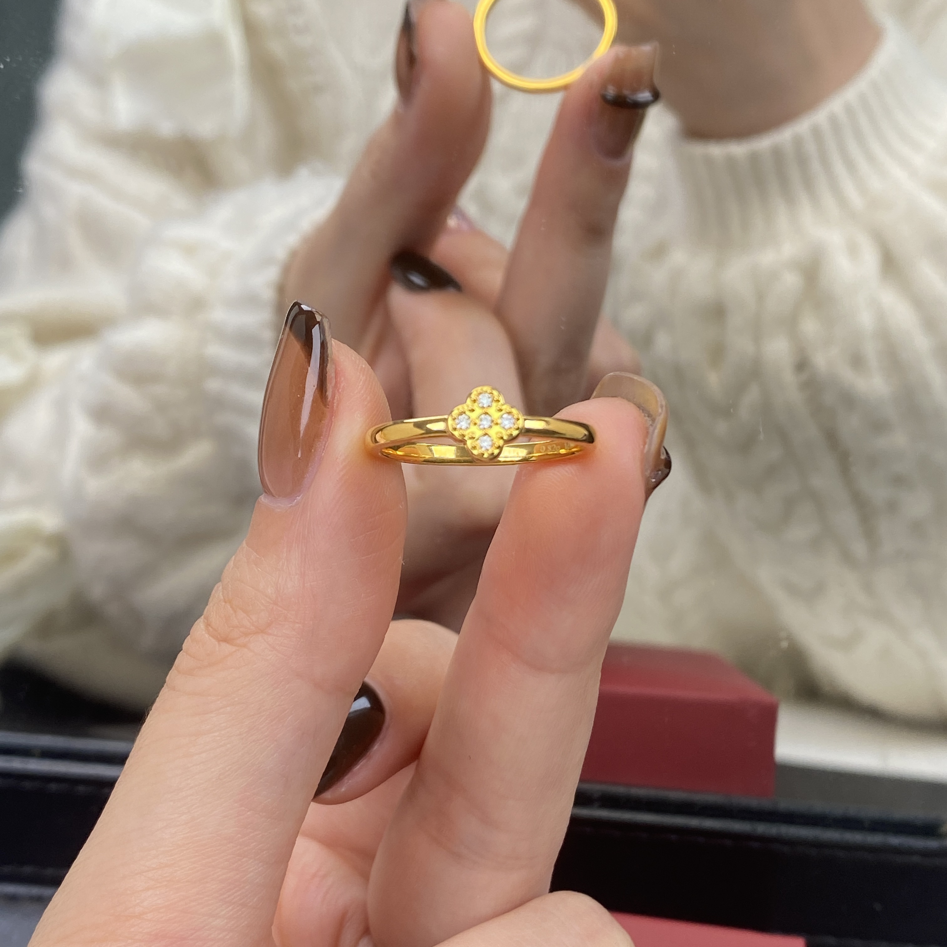 璟金珠宝足金999黄金气质点钻四叶花幸运草戒指百搭圈口可选