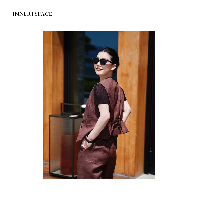 老钱时装乌木棕亚麻马甲套装GLS0053