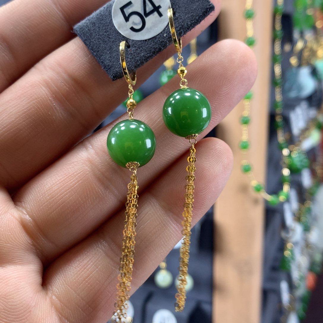 和田玉耳环18K金镶嵌