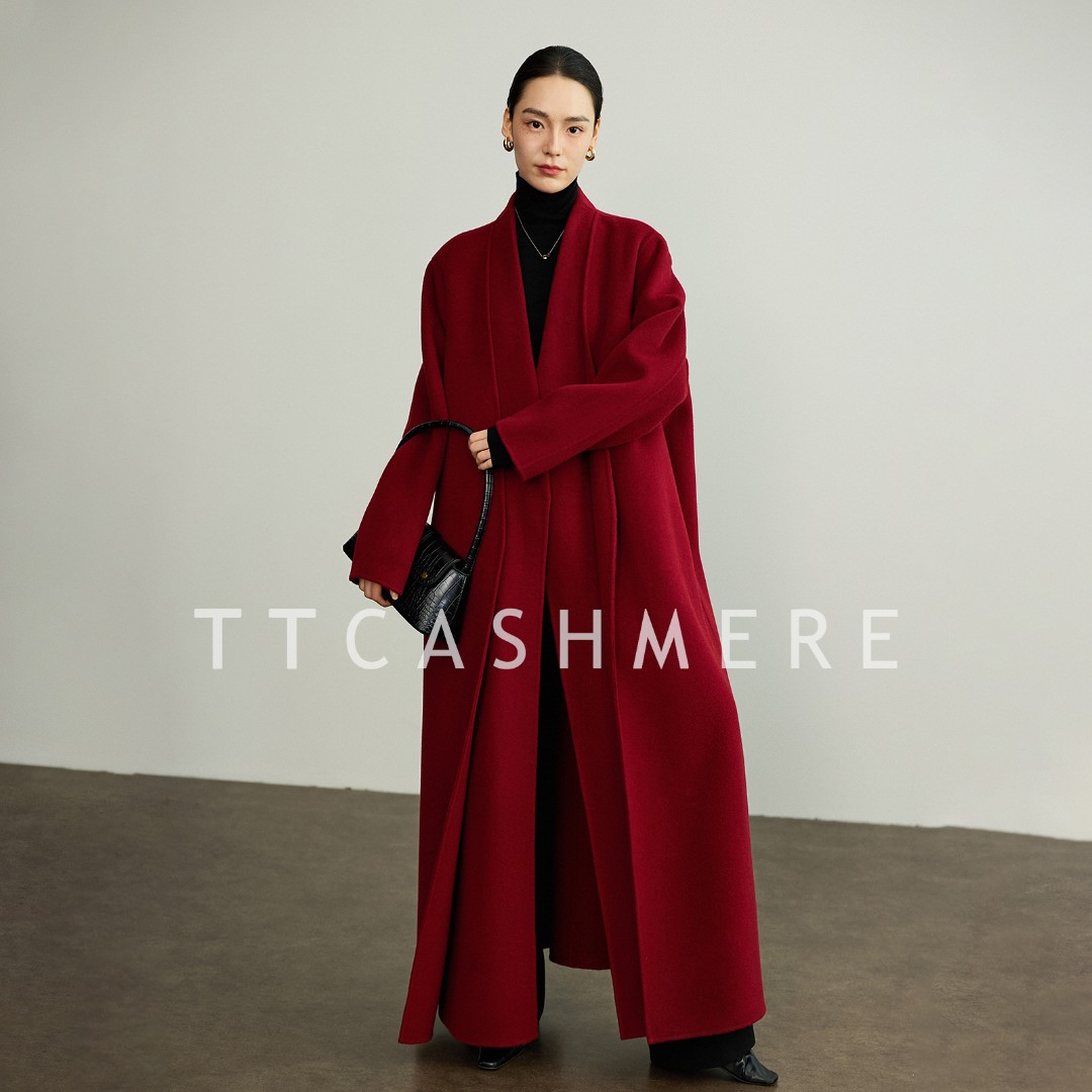 TT【加长款】假两件红色大衣外套宽松型长款秋冬老钱风设计师