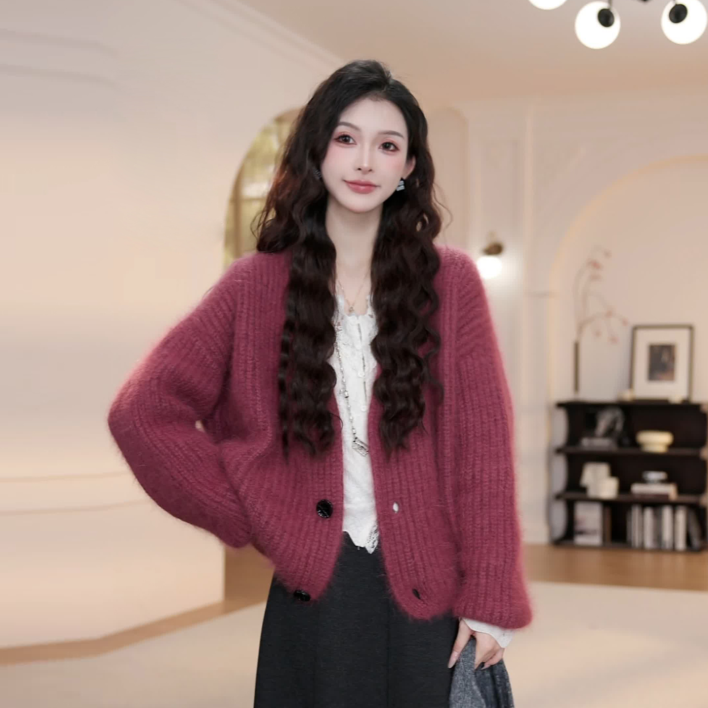 【YY·studio】玫红色v领毛衣外套女秋季新款宽松显瘦长袖针织衫8988