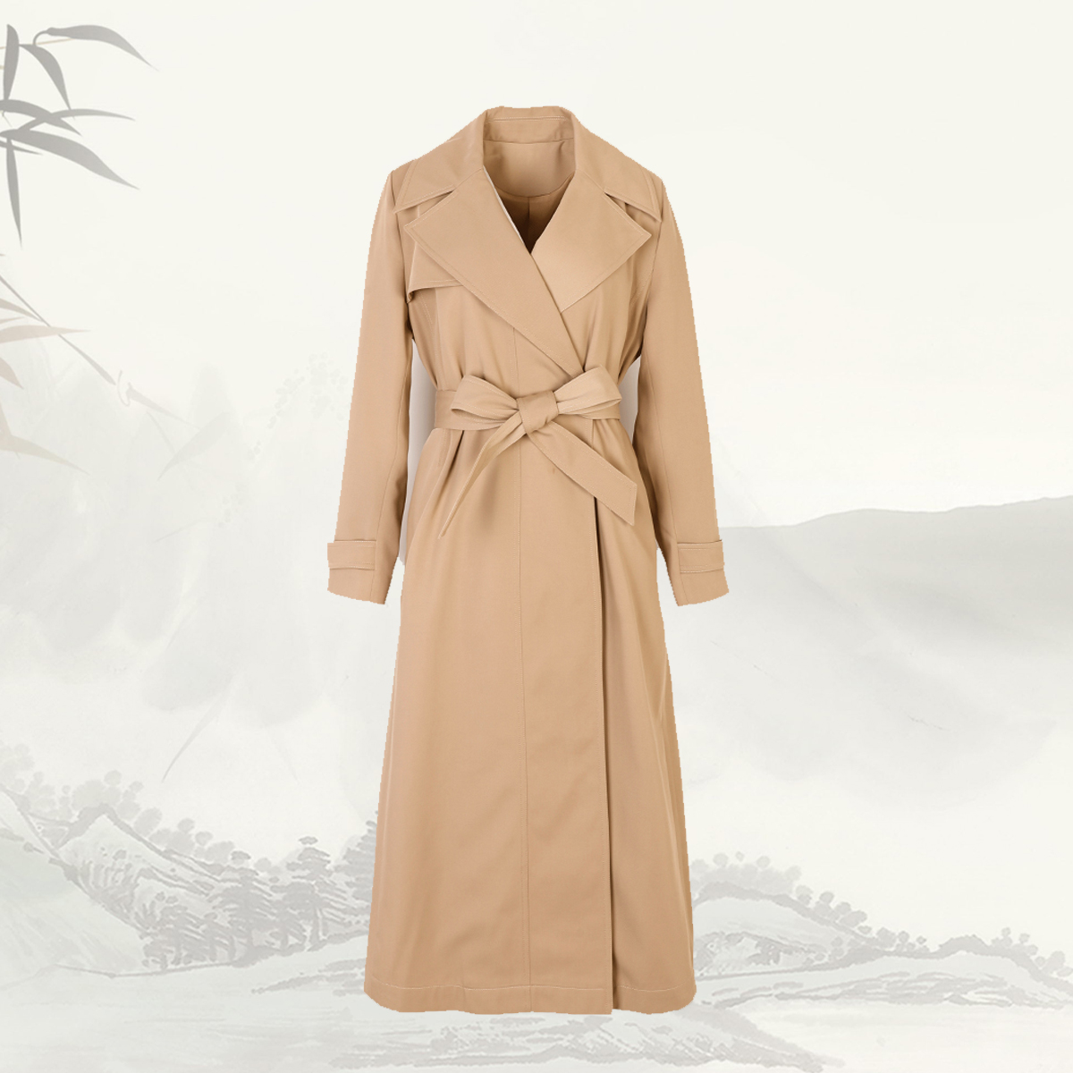 翻领纯色简约长袖风衣时尚风收腰长款大衣女33916