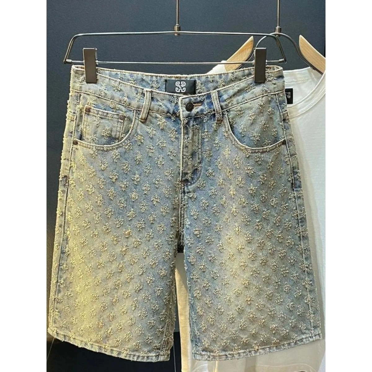 D01美式牛仔短裤男夏季宽松直筒休闲提花五分中裤子2025年