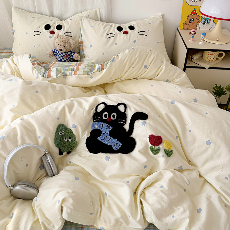 100%全棉纯棉毛巾绣印花四件套学生宿舍床品可爱风单人双人三件套
